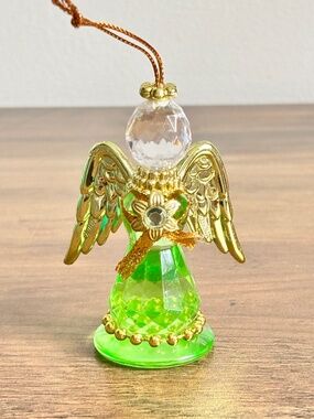 VINTAGE Green Crystal Style Angel Gold Wings Halo Flower Acrylic Roman Ornament